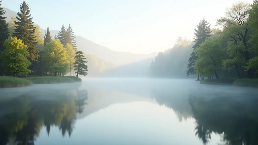 Skaista Talsu ezera panorāma ar koku rindu horizontā un miglojošu rīta gaismu