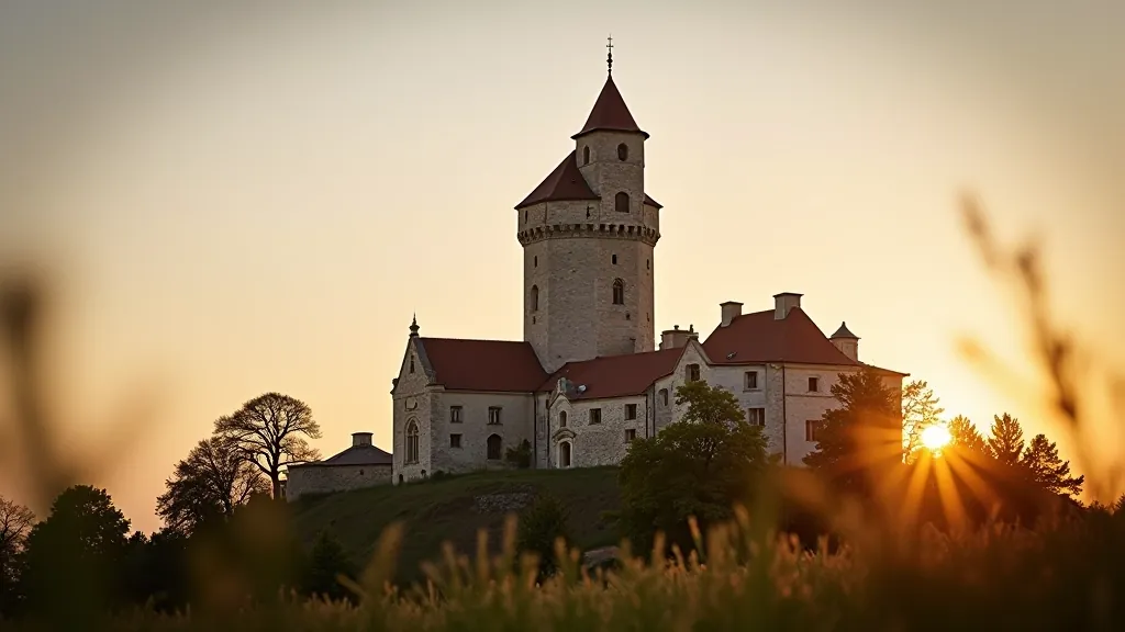 Dundagas pils viduslaiku architektūra, skatīta no apakšas ar debesīm fona, siltā vakardienas gaismā