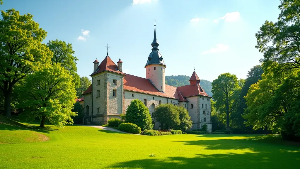 Vēsturiska pils tornis ar apkārtējiem zaļajiem kokiem un pļavām